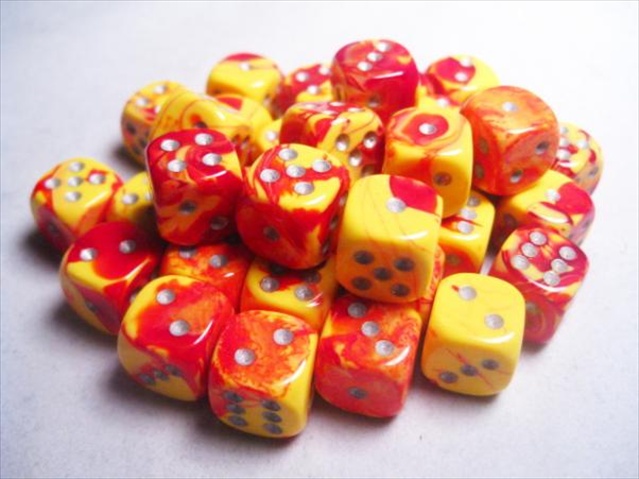 Manufacturing 26850 D6 Cube Gemini Set Of 36 Dice- 12 mm - Red & Yellow With Silver Numbering