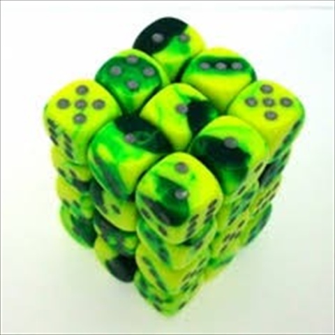 Manufacturing 26854 D6 Cube Gemini Set Of 36 Dice, 12 Mm - Green & Yellow With Silver Numbering