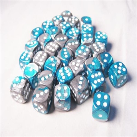 Manufacturing 26856 D6 Cube Gemini Set Of 36 Dice, 12 Mm - Steel & Teal With White Numbering