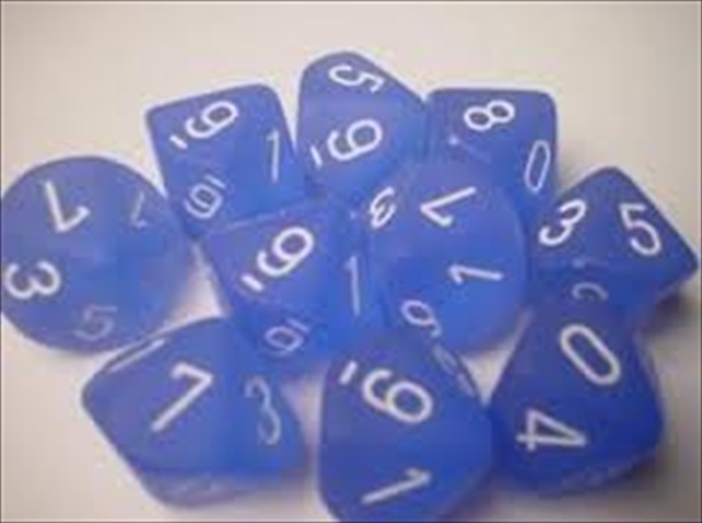 Manufacturing 27206 D10 Clamshell Set Of 10 Dice - Frosted Blue With White Numbering