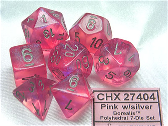 Manufacturing 27404 Cube Set Of 7 Dice - Borealis Pink With Silver Numbering