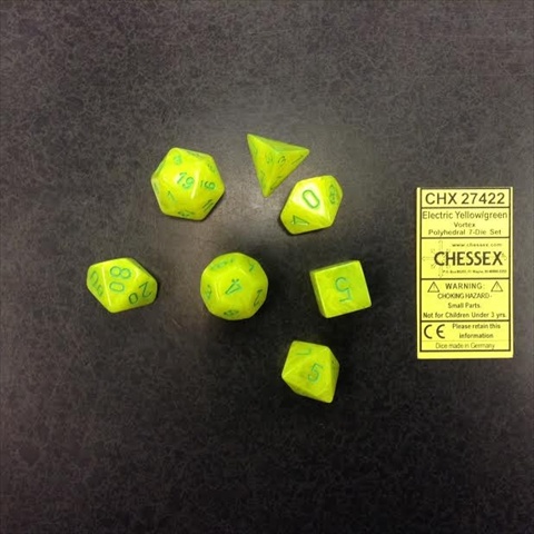 Manufacturing 27422 Vortex Electric Yellow With Green Numbering Dice Set Of 7