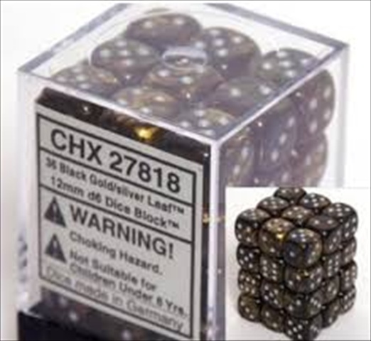 Manufacturing 27818 12 Mm Leaf Black And Gold With Silver Numbering D6 Dice Set Of 36