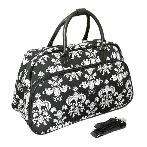 812014-630 21 In. Damask Carry-on Shoulder Tote Duffel Bag, Black & White