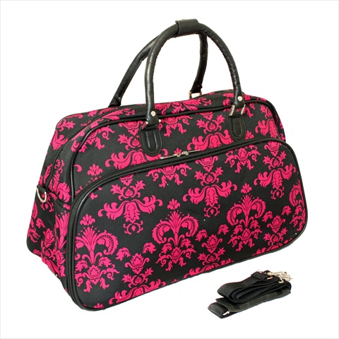 812014-631 21 In. Damask Carry-on Shoulder Tote Duffel Bag, Black & Pink