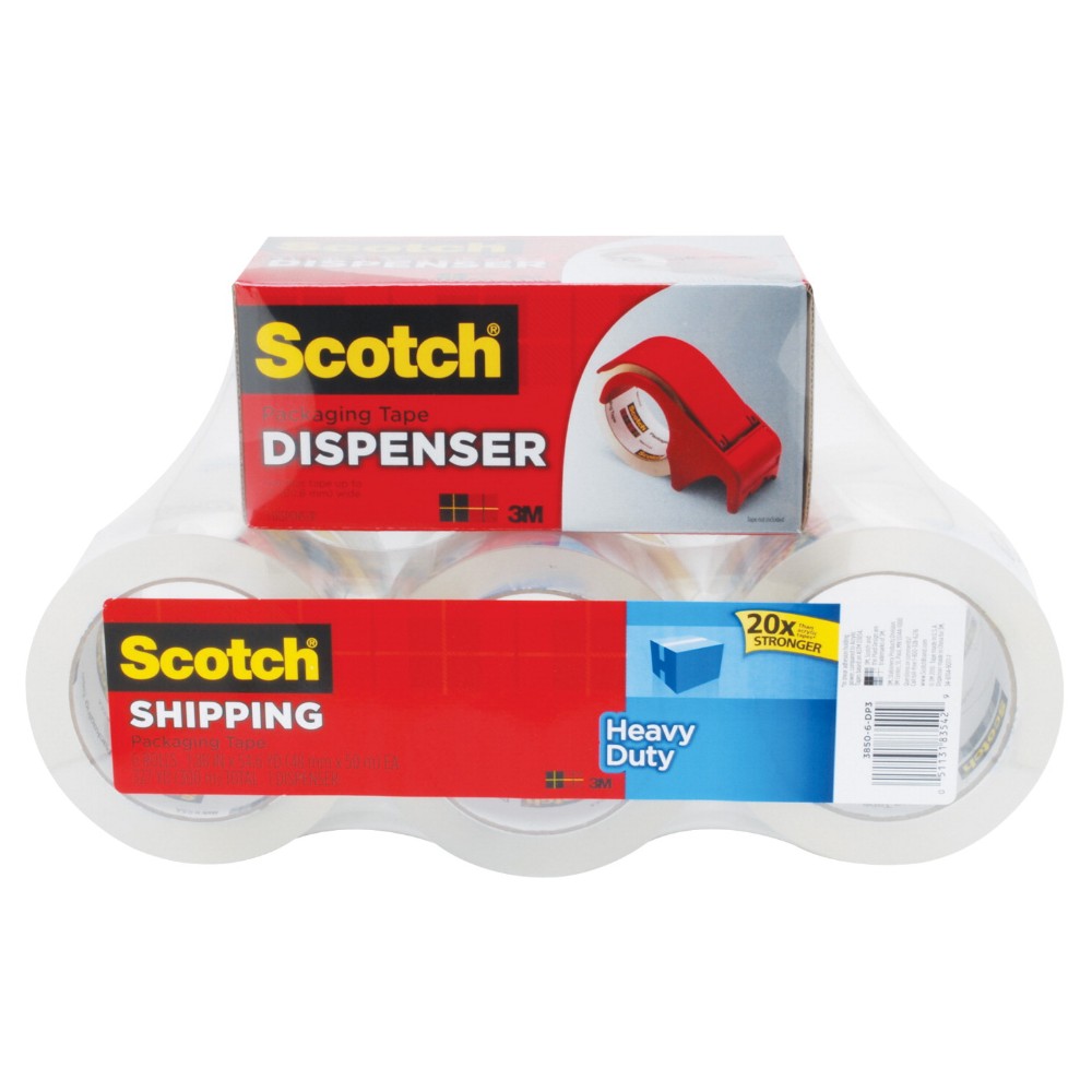 Scotch 076374 Heavy Duty Shipping Tape With Dispenser, Clear, Pack Of 6
