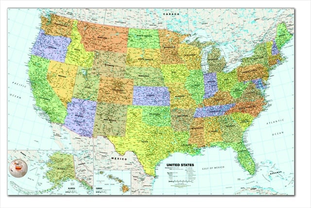 082080 Laminated Write And Wipe United States Map With Wet Erase Marker, Large Size