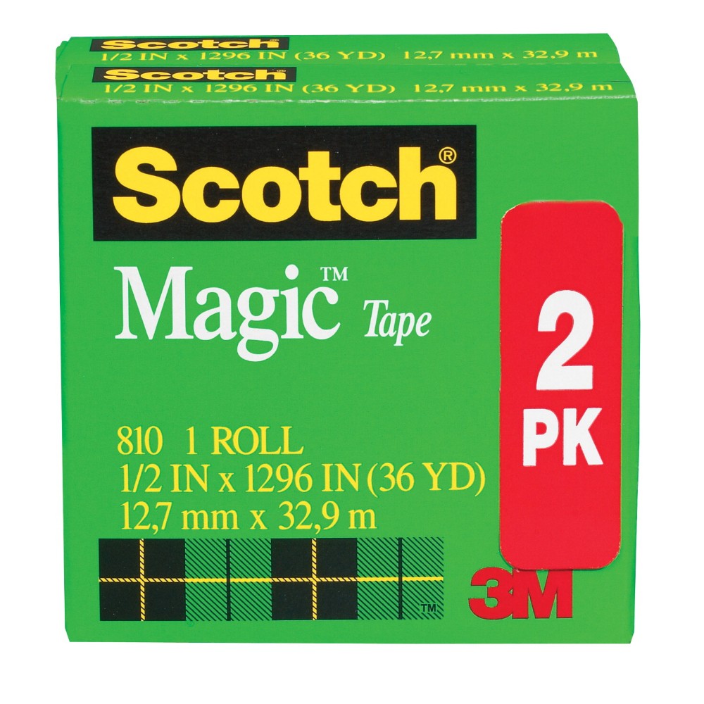 Scotch 810 Magic Photo-safe Writable Self-adhesive Invisible Tape With 1 In. Core, Matte Clear, Pack 2