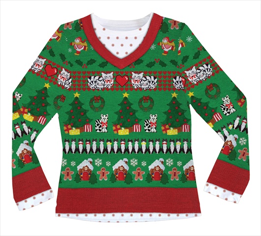 F113254 Shirts Ugly Xmas Sweater With Cats - Small