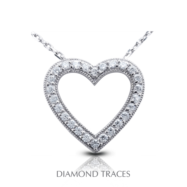 1.15 Carat Total Natural Diamonds 14k White Gold Prong Setting Heart Shape With Milgrain Fashion Pendant