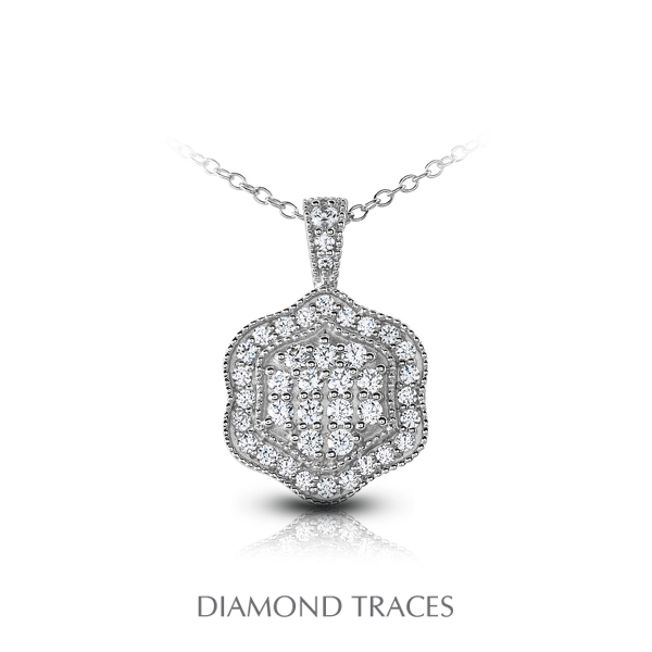 1.31 Carat Total Natural Diamonds 14k White Gold Pave Setting Flower Shape With Milgrain Fashion Pendant