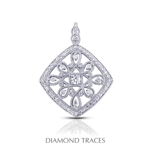 1.04 Carat Total Natural Diamonds 14k White Gold Prong & Pave Setting Rhombus Shape With Milgrain Fashion Pendant