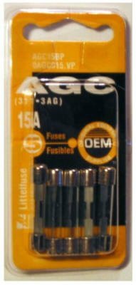 Littelfuse Agc15bp 15 Amp Agc Series 3ag Glass Cartridge Fuse, 5 Cds Per Pack