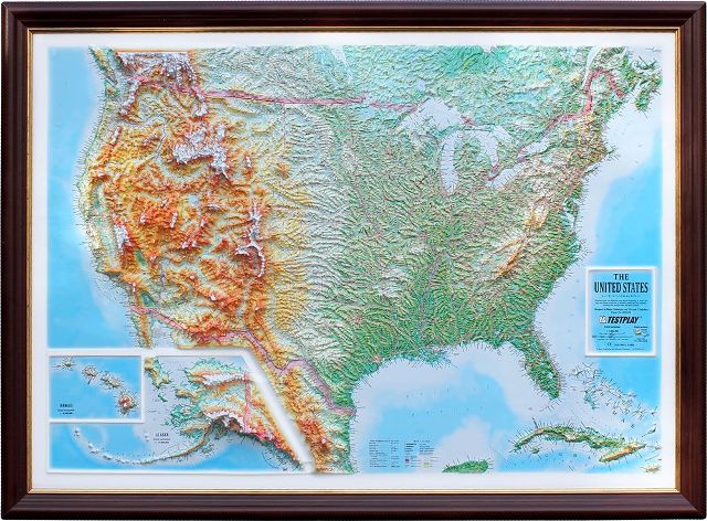 Raised Relief Base Map Of United States With Hanging Strips & Eyelets