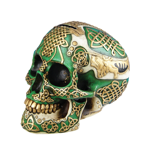 6411 7.25 In. Celtic Lion Skull, Green And Gold