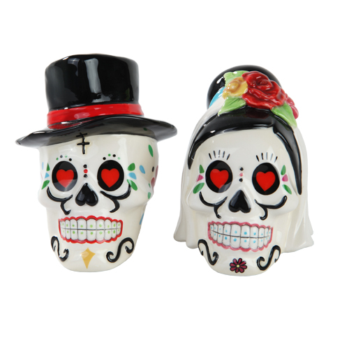 10169 3 In. Day Of The Dead Wedding Skulls Salt & Pepper Shaker