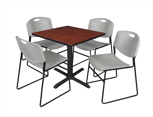 30 In. Square Laminate Table, Cherry & Cain Base With 4 Grey Zeng Stack Chairs