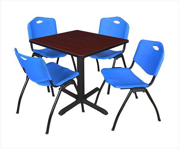 30 In. Square Laminate Table, Mahogany & Cain Base With 4 Blue M Stack Chairs