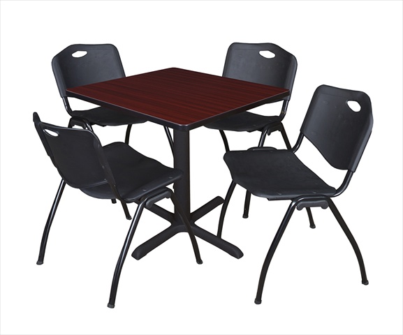 30 In. Square Laminate Table, Mahogany & Cain Base With 4 Black M Stack Chairs