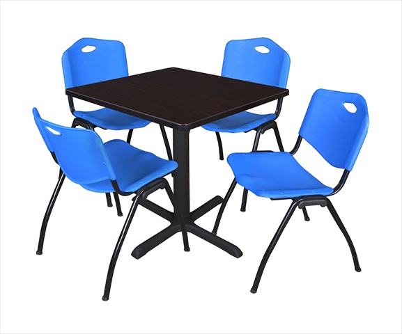 30 In. Square Laminate Table, Mocha Walnut & Cain Base With 4 Blue M Stack Chairs