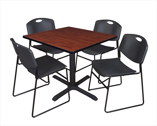 36 In. Square Laminate Table, Cherry & Cain Base With 4 Black Zeng Stack Chairs