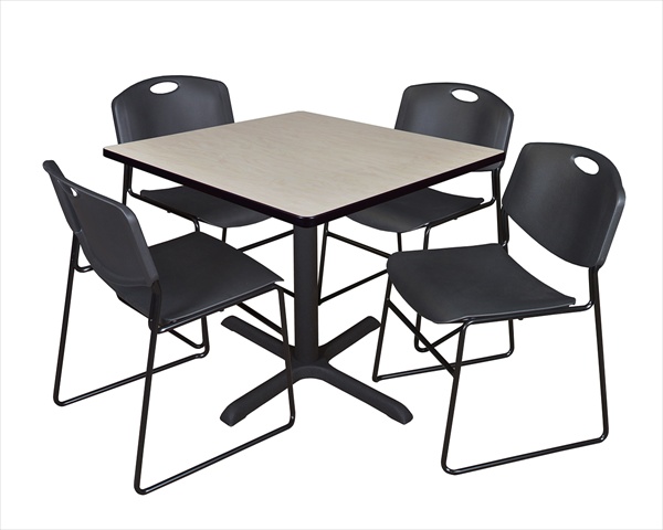 36 In. Square Laminate Table, Maple & Cain Base With 4 Black Zeng Stack Chairs