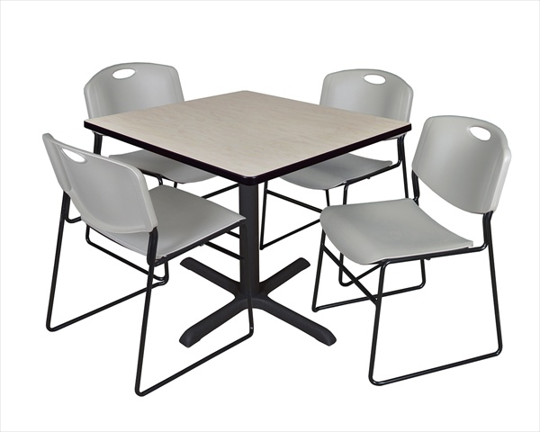 36 In. Square Laminate Table, Maple & Cain Base With 4 Grey Zeng Stack Chairs