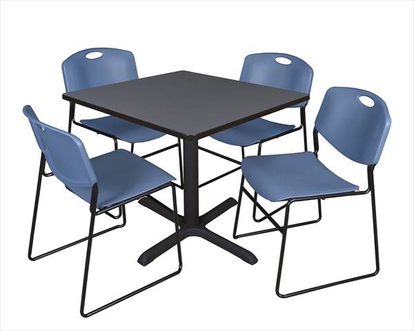 Tb4242gy44be 42 In. Square Laminate Table, Grey & Cain Base With 4 Blue Zeng Stack Chairs
