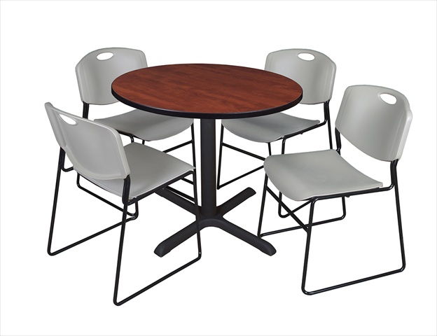 42 In. Round Laminate Table, Cherry & Cain Base With 4 Grey Zeng Stack Chairs