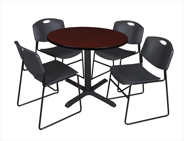 Tb42rndmh44bk 42 In. Round Laminate Table, Mahogany & Cain Base With 4 Black Zeng Stack Chairs