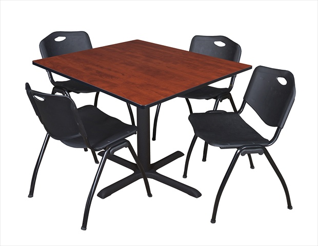 48 In. Square Laminate Table, Cherry & Cain Base With 4 Black M Stack Chairs