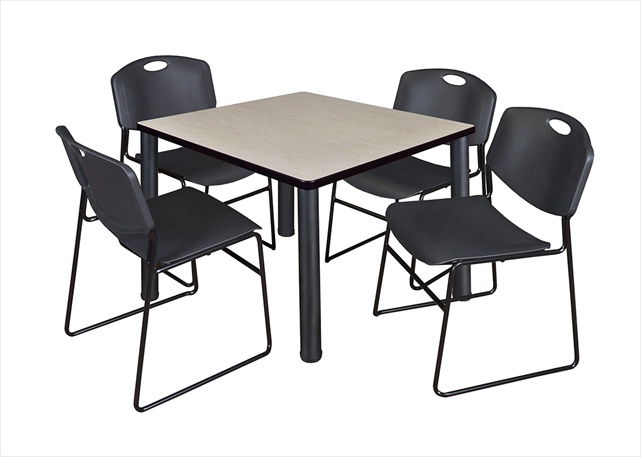 42 In. Square Maple Table & Black Post Legs With 4 Black Zeng Stack Chairs