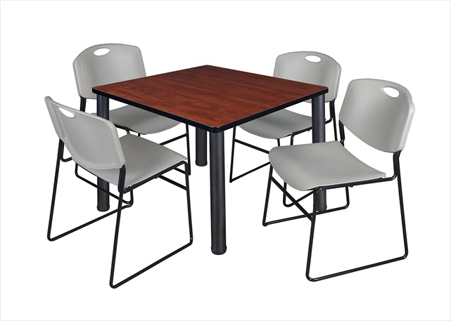 36 In. Square Cherry Table & Black Post Legs With 4 Grey Zeng Stack Chairs