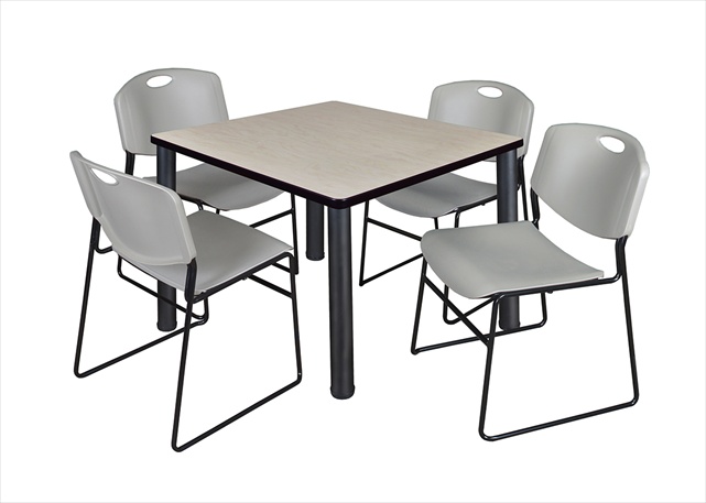 36 In. Square Maple Table & Black Post Legs With 4 Grey Zeng Stack Chairs