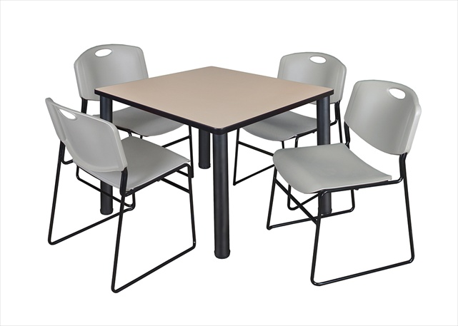 36 In. Square Beige Table & Black Post Legs With 4 Grey Zeng Stack Chairs