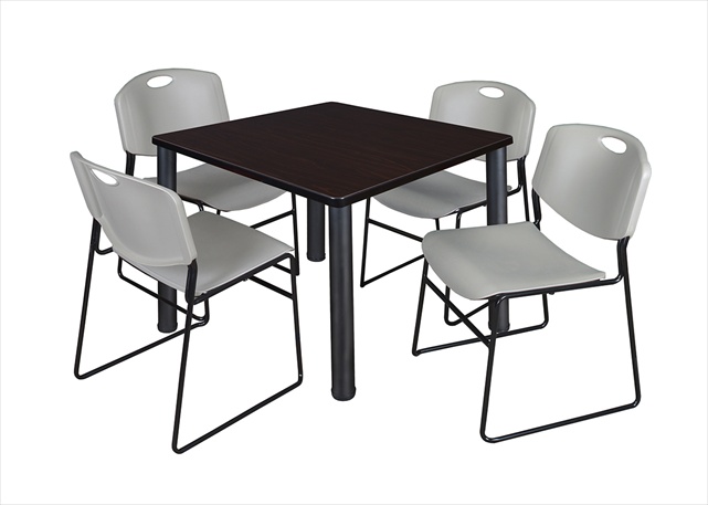 36 In. Square Mocha Walnut Table & Black Post Legs With 4 Grey Zeng Stack Chairs
