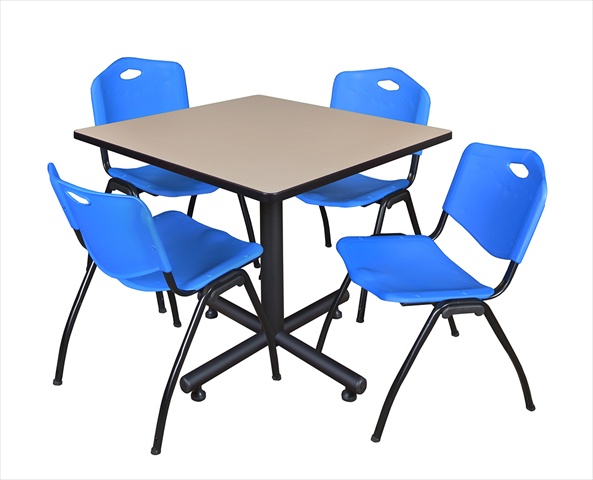 36 In. Square Laminate Table, Beige & Kobe Base With 4 M Stacker Chairs, Blue