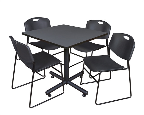 36 In. Square Laminate Table, Grey & Kobe Base With 4 Zeng Stacker Chairs, Black