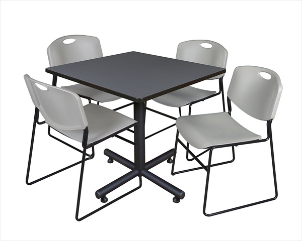 36 In. Square Laminate Table, Grey & Kobe Base With 4 Zeng Stacker Chairs, Grey