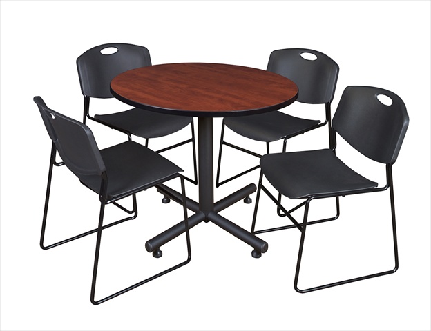42 In. Round Laminate Table, Cherry & Kobe Base With 4 Zeng Stacker Chairs, Black