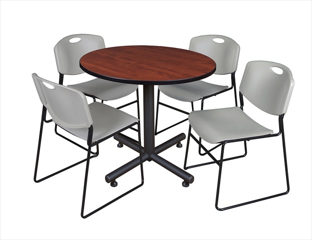42 In. Round Laminate Table, Cherry & Kobe Base With 4 Zeng Stacker Chairs, Grey
