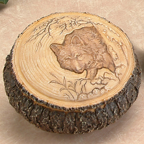 4 In. Faux Carved Wood Wolf Box