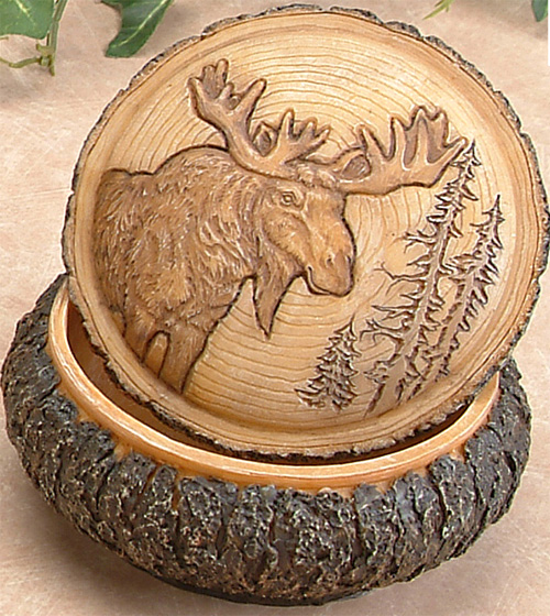 4 In. Faux Carved Wood Moose Box