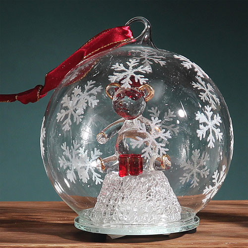 Hd-0369 4 In. Dia. Light Up Glass Ornament - Bear With Present