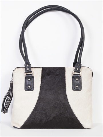 B104-hb-one 100 Percent Leather Hair On Calf Handbag, Black & White