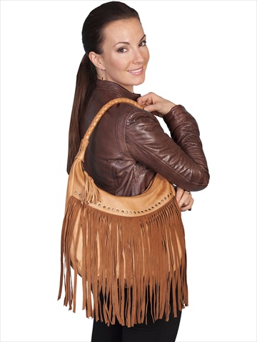 B71-hb-one 100 Percent Leather Handbag With Studded Flap And Fringe, Brown