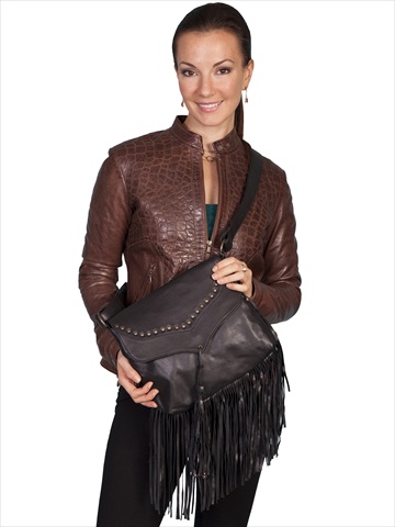 B73-hb-one 100 Percent Leather Handbag With Studded Flap And Fringe, Black