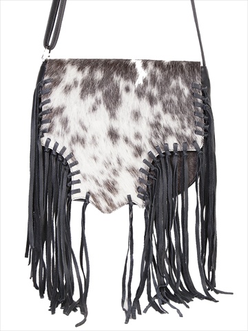100 Percent Leather Hair On Calf Handbag With Knotted Fringe, Black