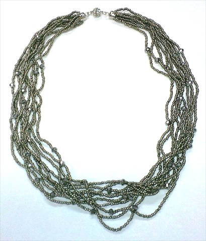 17366 Multii Strands Metallic Black Crystal Necklace