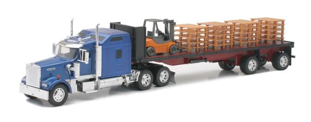 New Ray Ss-10263a Kenworth Flatbed With Forklift And Pallet Long Hauler Toy Truck, Pack Of 6